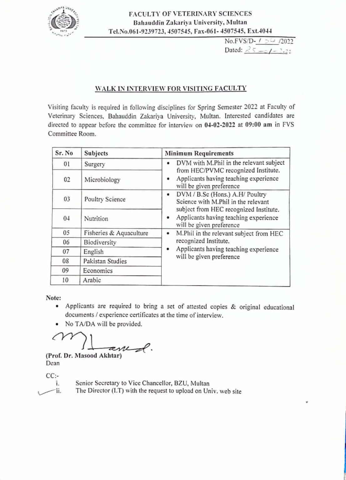 BZU Walk-In Interviews for Hiring Visiting Faculty BZU Walk-In Interviews for Hiring Visiting Faculty