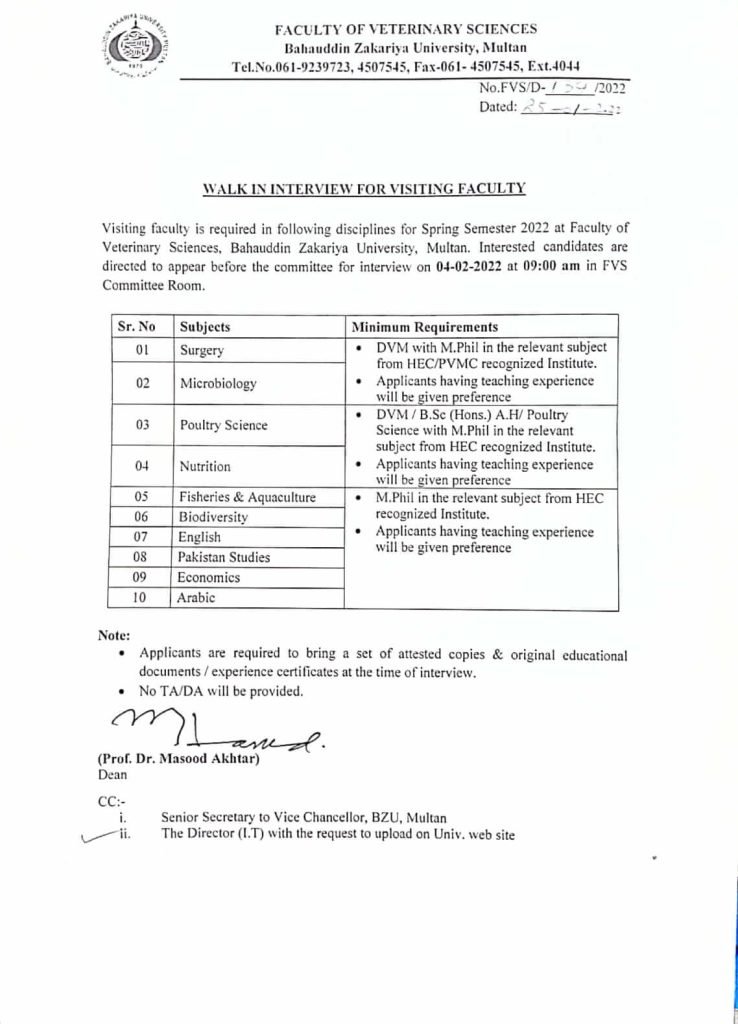 BZU Walk-In Interviews for Hiring Visiting Faculty BZU Walk-In Interviews for Hiring Visiting Faculty
