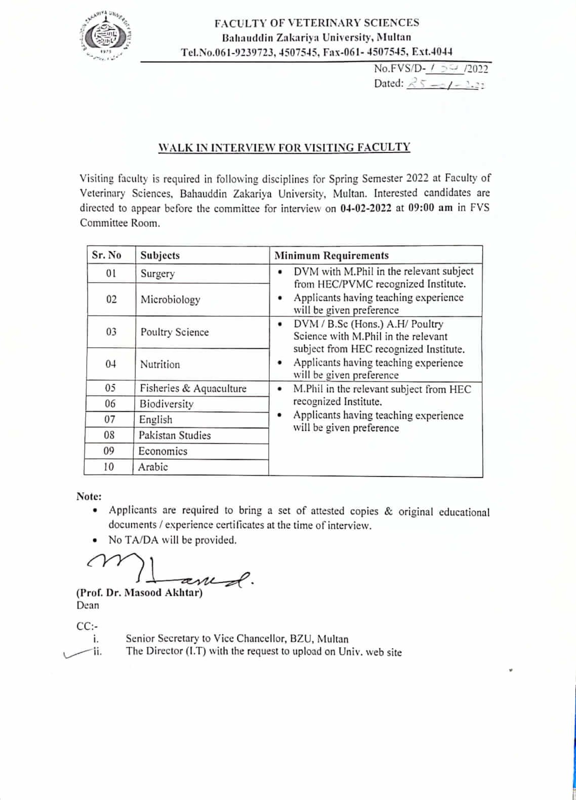 BZU Walk-In Interviews for Hiring Visiting Faculty