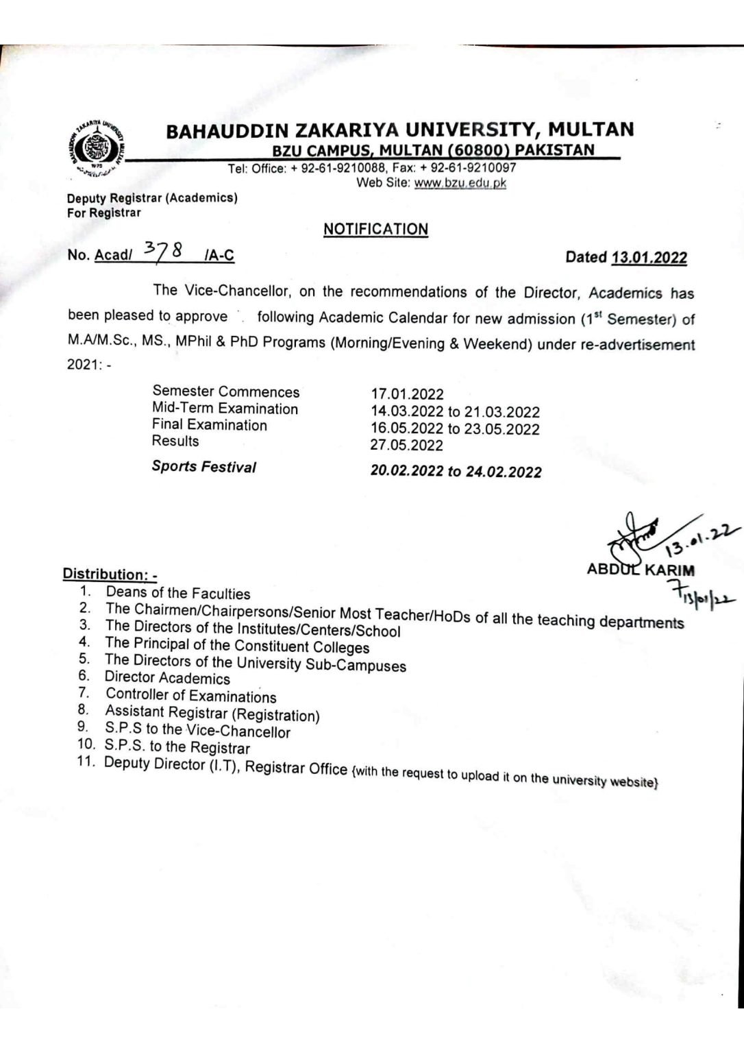 BZU Academic Calendar for New Admission 1st Semester BZU Academic Calendar for New Admission 1st Semester