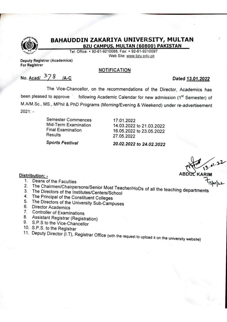BZU Academic Calendar for New Admission 1st Semester 