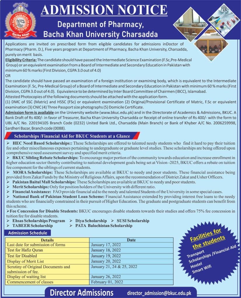 Bacha Khan University Charsadda (BKUC) Pharm.D Admission 2022