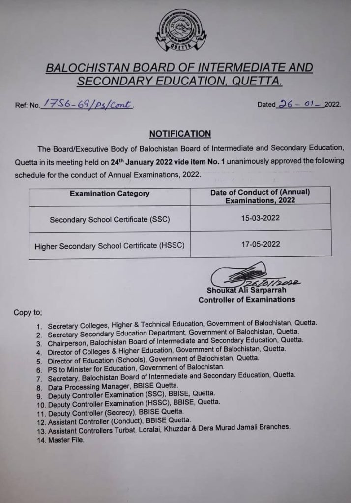 Balochistan Board BBISE Announced SSC & HSSC Annual Exams 2022 Dates Balochistan Board BBISE Announced SSC & HSSC Annual Exams 2022 Dates
