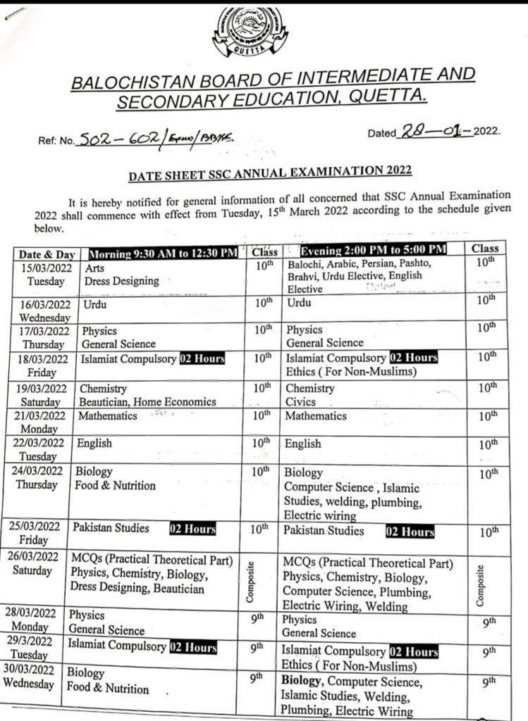 Balochistan Board BBISE SSC (9th & 10th) Annual Exam 2022 Date Sheet