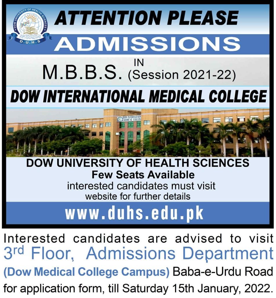 DUHS Dow International Medical College MBBS Admission 2021-22