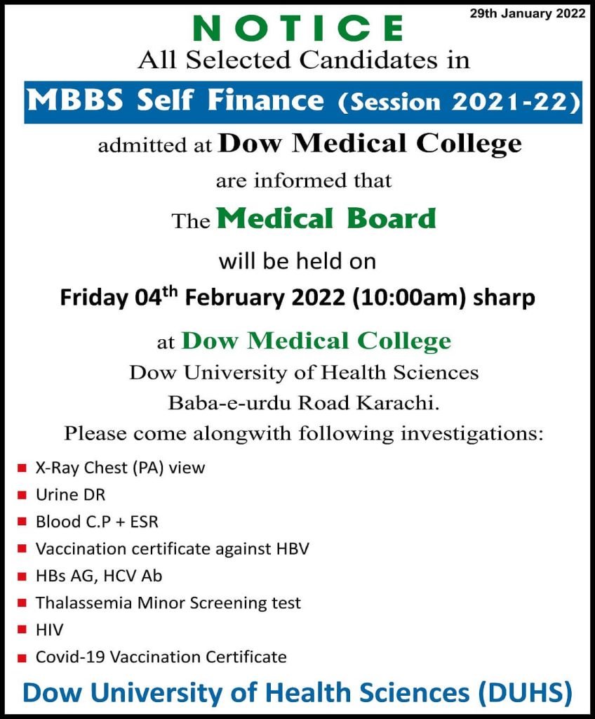 DUHS Notice For the MBBS Medical Board for session 2021-22