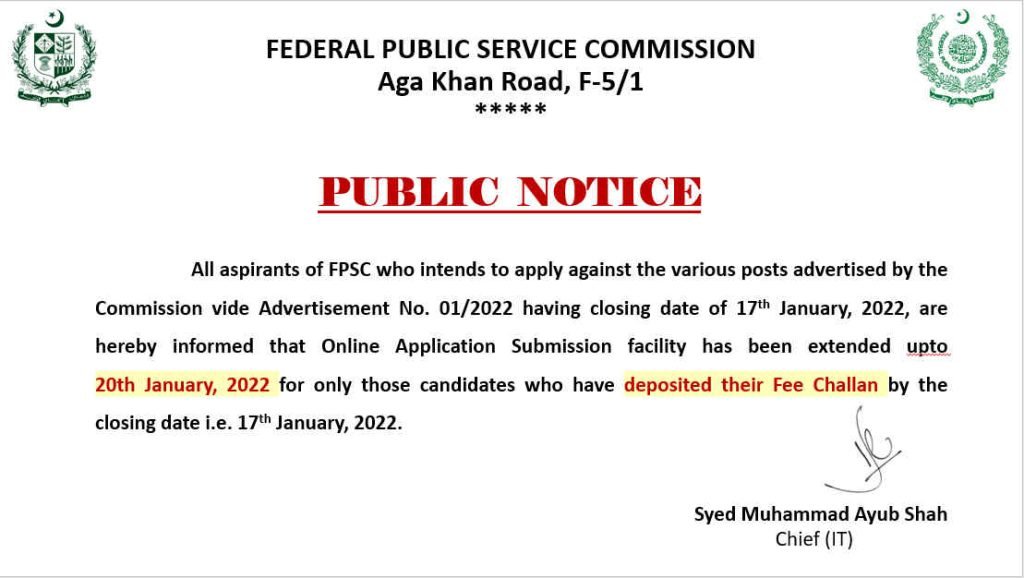 FPSC Extended Last Date for the Advertisement 01/2022
