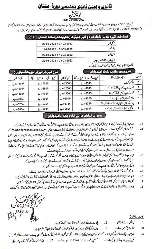 Multan Board SSC (9th and 10th) Annual Examination Fee Structure 2022