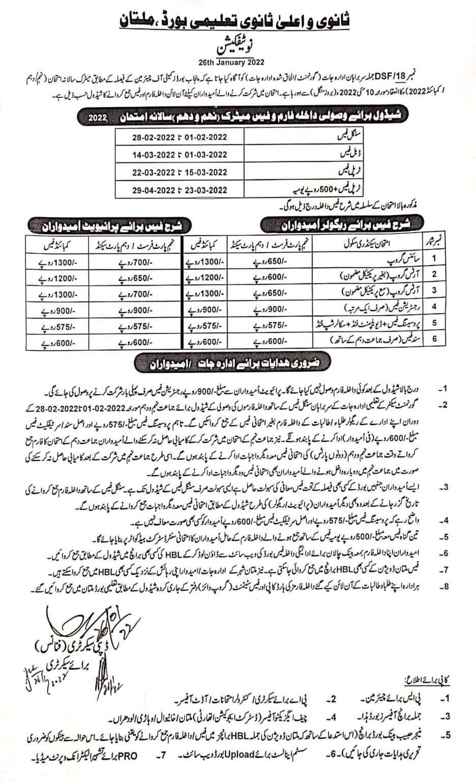 Multan Board SSC (9th and 10th) Annual Examination Fee Structure 2022