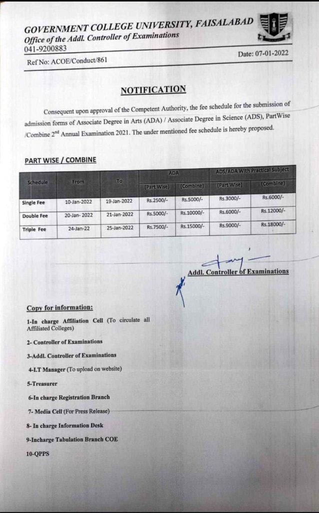 GCUF Fee Schedule for Submission of Associate Degree Programs Admission Forms