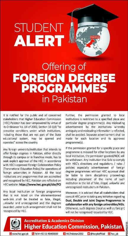 HEC Alert for Students About Foreign Degree Program in Pakistan HEC Alert for Students About Foreign Degree Program in Pakistan