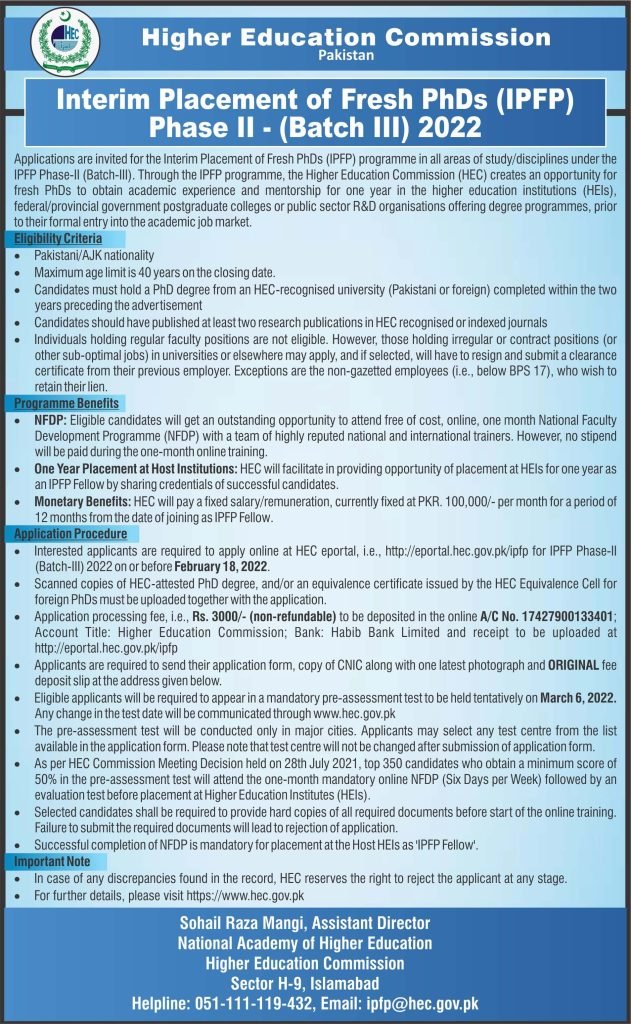 HEC Interim Placement of Fresh PhDs IPFP Phase-II (Batch III) 2022