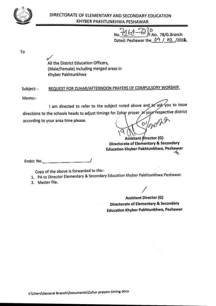KPK Notification about the Zuhar Prayer Break in Schools