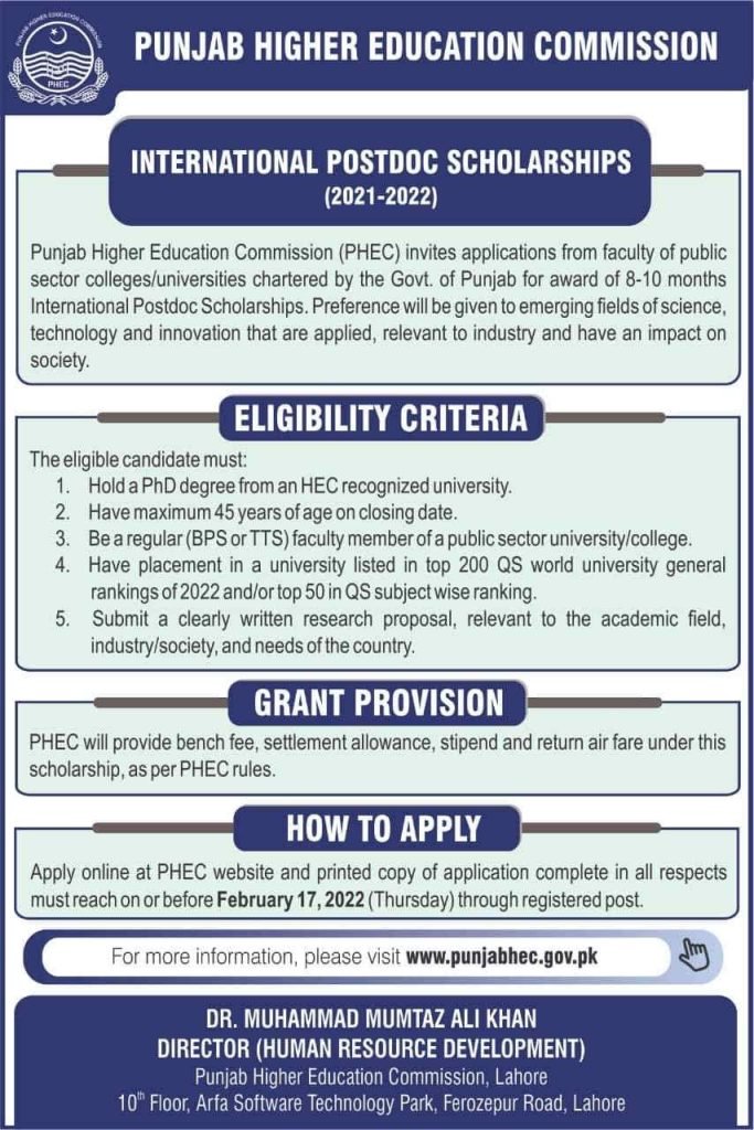 Punjab HEC (PHEC) International Postdoc Scholarship 2022 Punjab HEC (PHEC) International Postdoc Scholarship 2022
