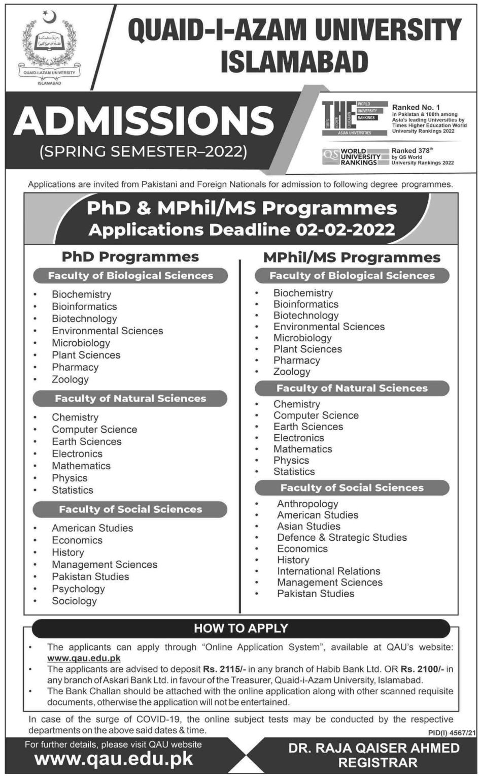 Quaid-i-Azam University Islamabad Spring Semester Admissions Open