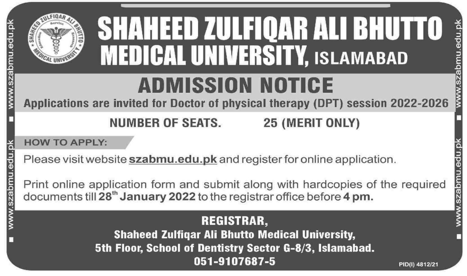 Shaheed Zulfiqar Ali Bhutto Medical University Islamabad Admissions Open 2022 Shaheed Zulfiqar Ali Bhutto Medical University Islamabad Admissions Open 2022