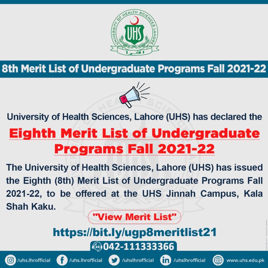 UHS Eighth Undergraduate Programs Merit List Fall 2021-22