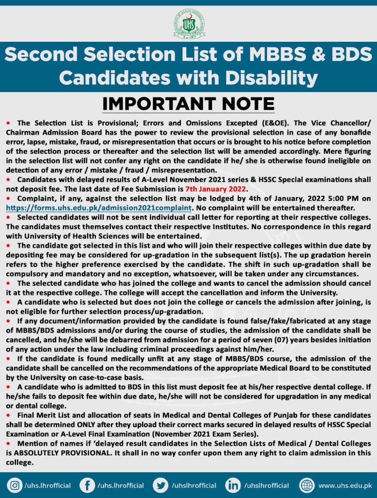 UHS Second Selection List of MBBS & BDS Disabled Candidates 