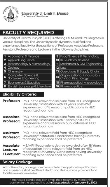 University of Central Punjab Latest Teaching Jobs 2022 | Apply Now