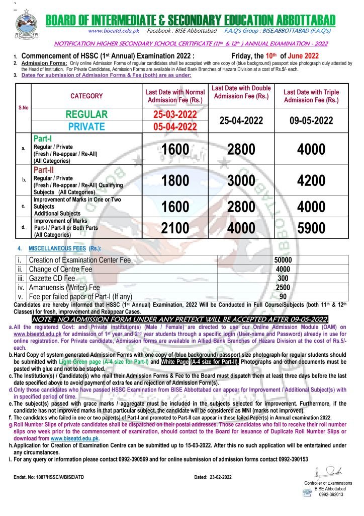 BISE Abbottabad HSSC (11th and 12th) Annual Exams Schedule & Fee Structure 2022