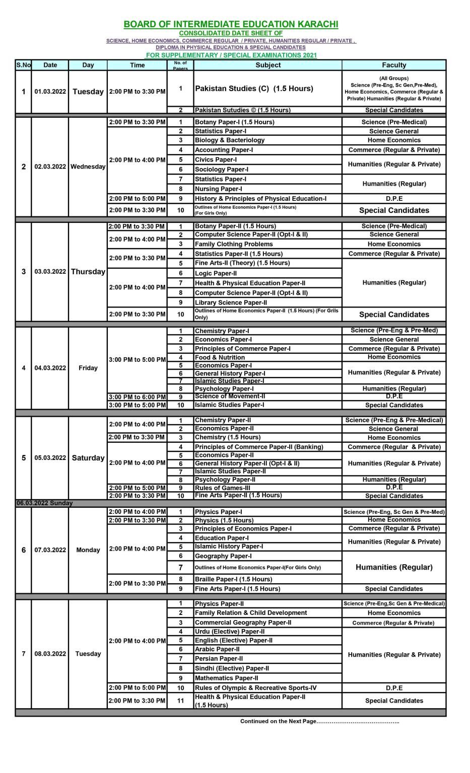 BIEK HSC Intermediate Supplementary/Special Exams 2021 Date Sheet