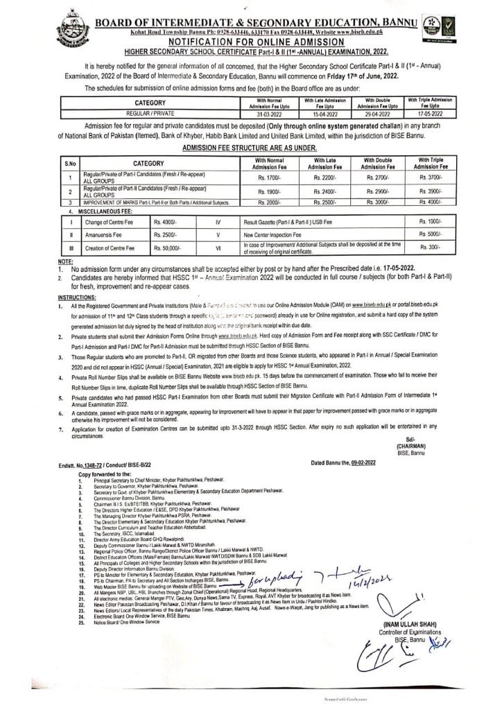BISE Bannu HSSC Part I & II Annual Exams Schedule & Fee Structure 2022