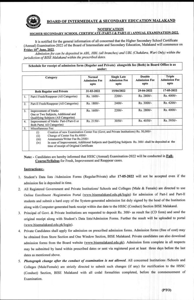 BISE Malakand HSSC Part I & II Annual Exams Schedule & Fee Structure 2022