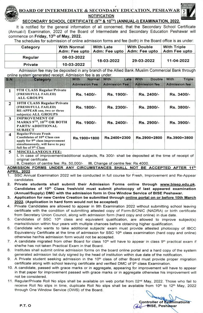 BISE Peshawar Matric SSC Part I & II Annual Exams Schedule & Fee Structure 2022