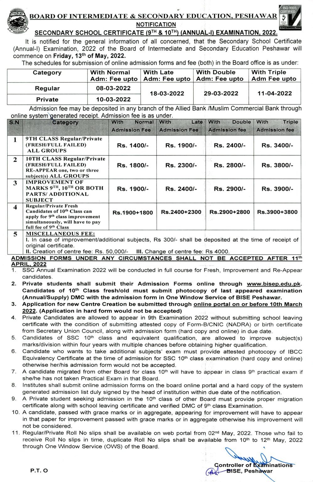 BISE Peshawar Matric SSC Part I & II Annual Exams Schedule & Fee Structure 2022 BISE Peshawar Matric SSC Part I & II Annual Exams Schedule & Fee Structure 2022