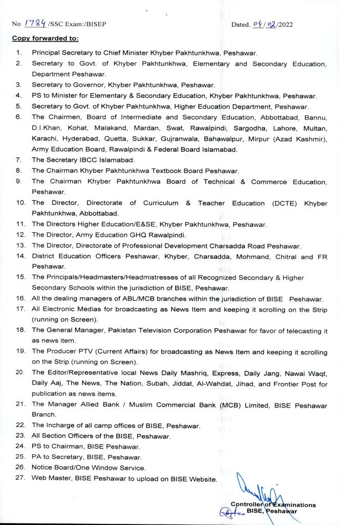 BISE Peshawar SSC Part I & II Annual Exams Schedule & Fee Structure 2022