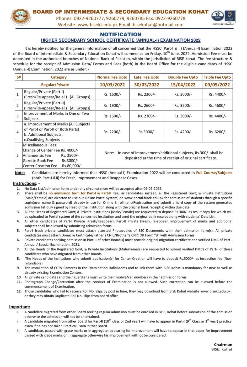 Kohat Board HSSC Part I & II Annual Exams Schedule