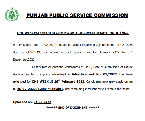 PPSC Extended Closing Date of Advertisement No 01/2022