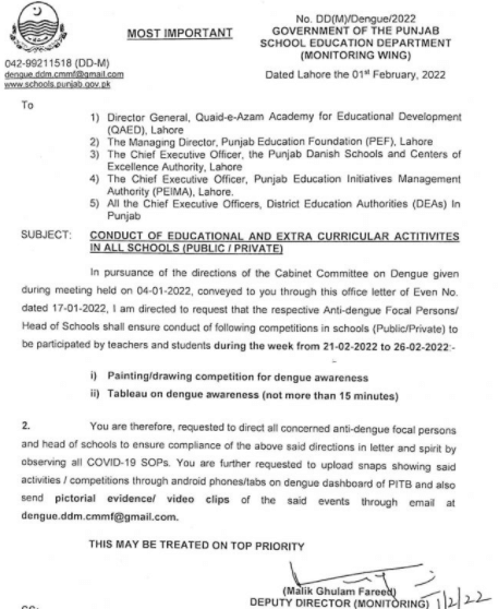 Punjab Govt Notification Regarding Curricular Activities in Punjab Schools Punjab Govt Notification Regarding Circular Activities in Punjab Schools