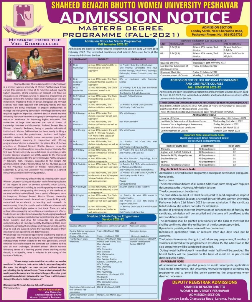 SBBWU Peshawar Masters Degree Program Admission 2022 SBBWU Peshawar Masters Degree Program Admission 2022