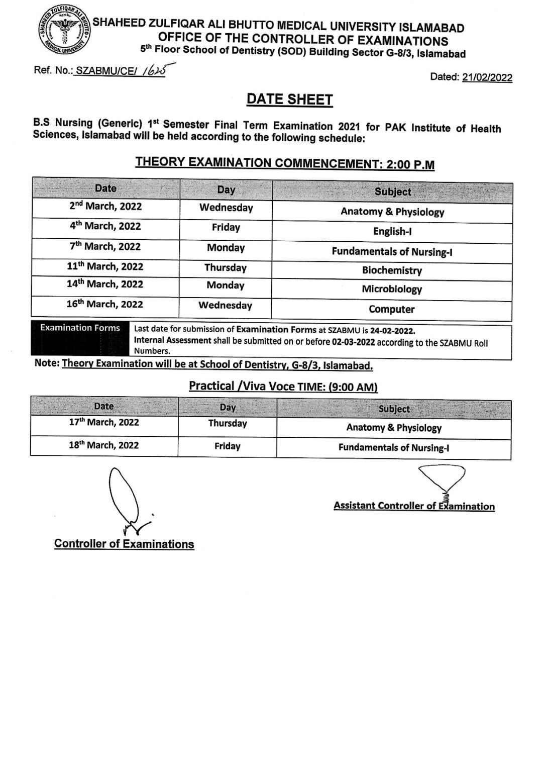SZABMU BS Nursing (Generic) 1st Semester Final Examination Date sheet 2021 
