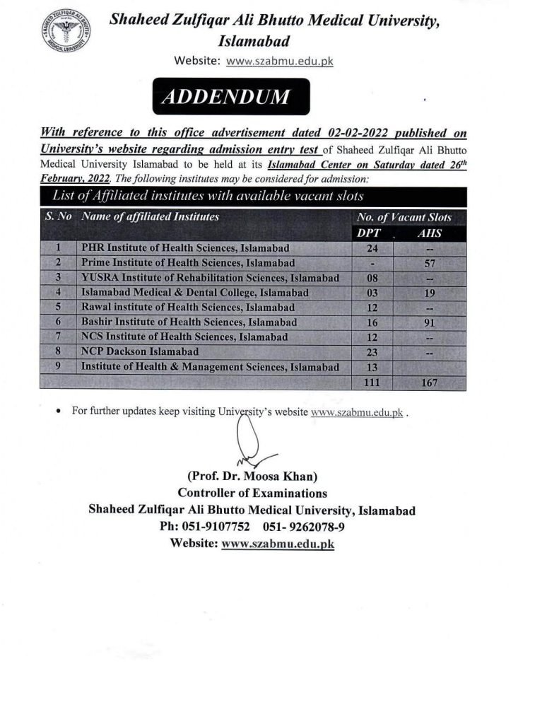 SZABMU Issue DPT and AHS Entry Test Date for Admissions In Private Colleges