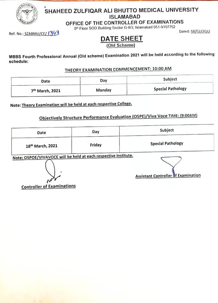 SZABMU MBBS Fourth Professional Annual Examination 2021 Date Sheet