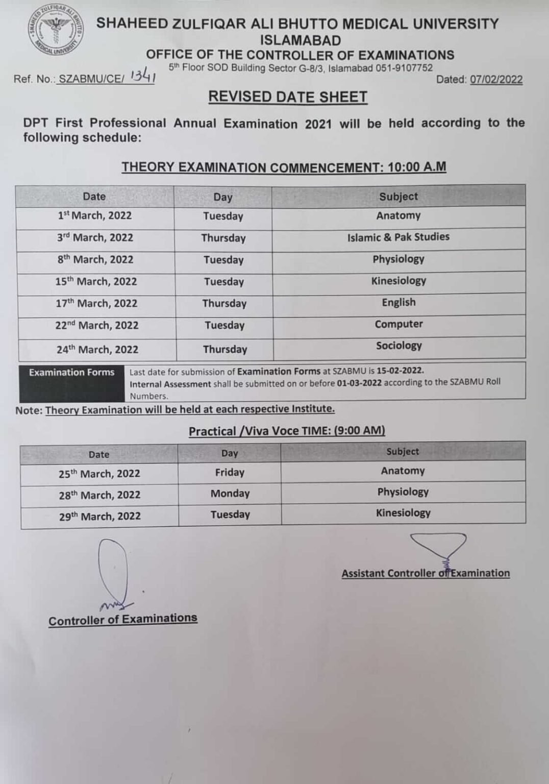 SZABMU Revised Date Sheet 2022 For DPT 1st Professional Annual Exam SZABMU Revised Date Sheet 2022 For DPT 1st Professional Annual Exam