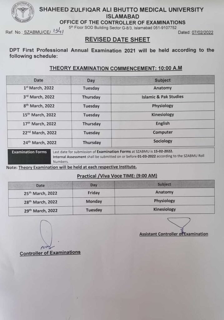 SZABMU Revised Date Sheet 2022 For DPT 1st Professional Annual Exam 