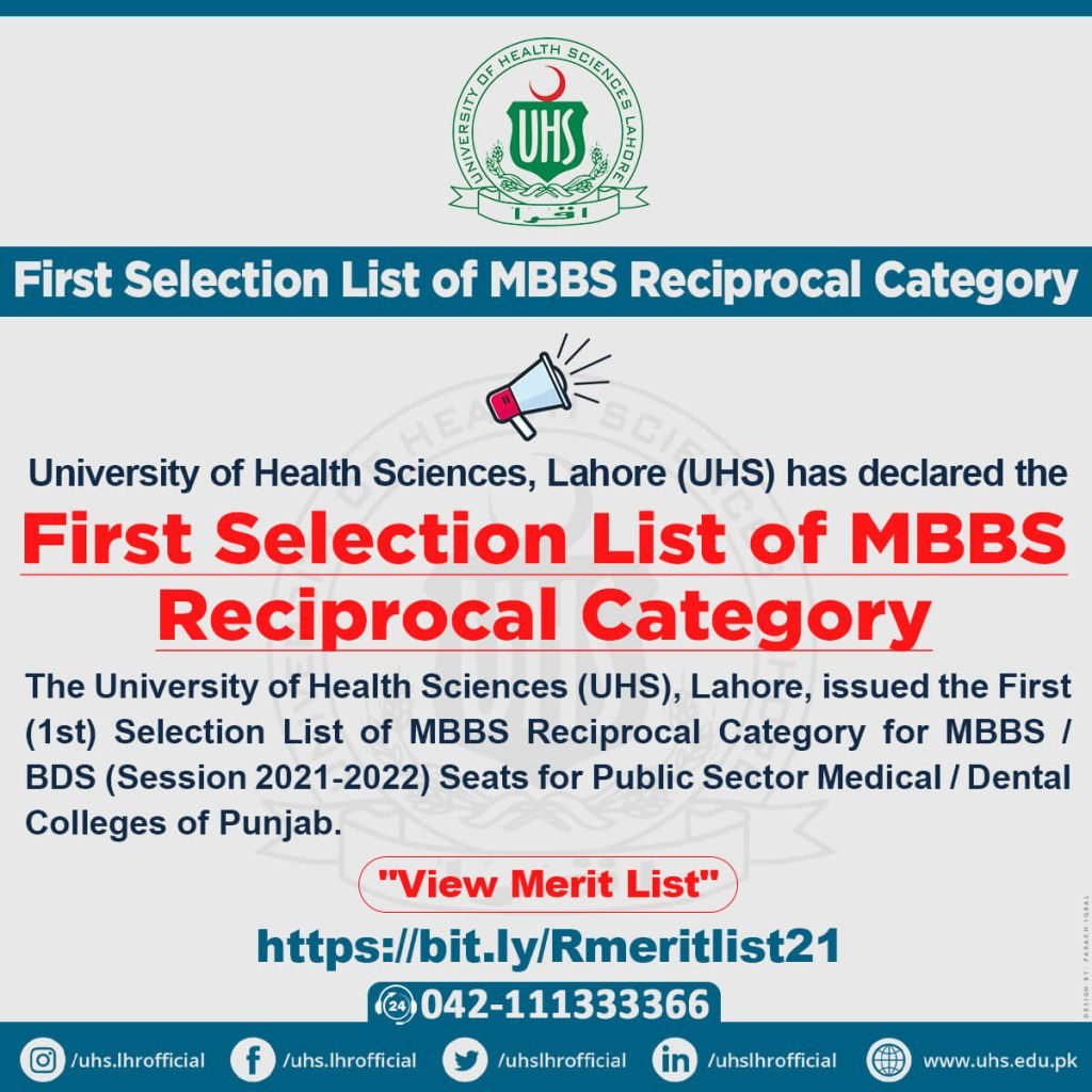 UHS 1st Selection List of MBBS/BDS Reciprocal Category for Session 2021-22