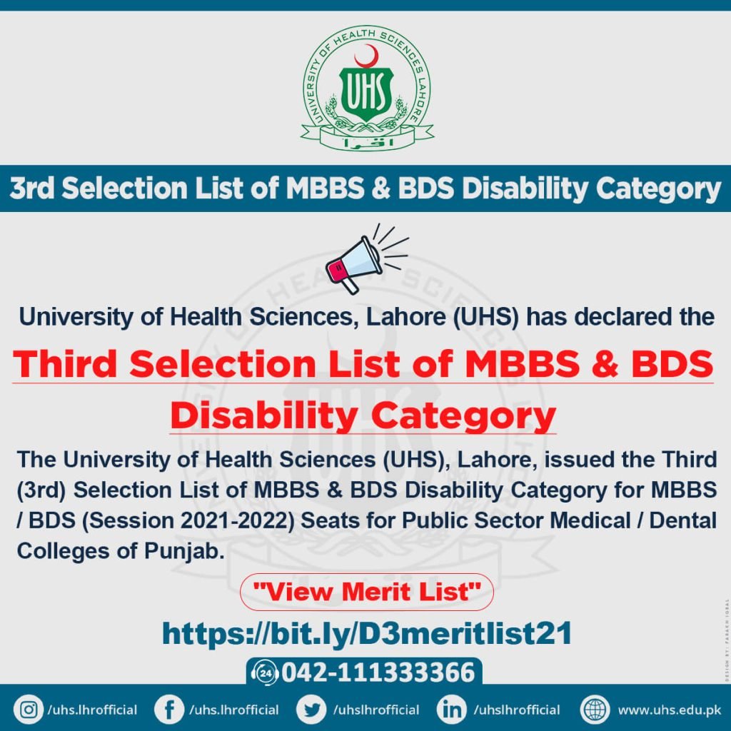 UHS 3rd Selection List of MBBS & BDS 2021-22 Candidates with Disabilities