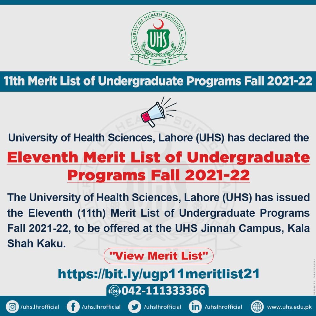UHS Eleventh Merit List of Undergraduate Programs Fall 2021-22 