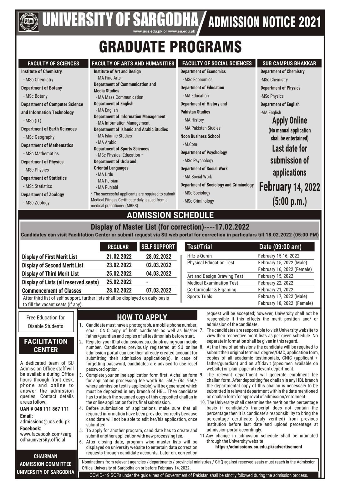University of Sargodha Admissions Open for MS Programs 2022 | Apply Now