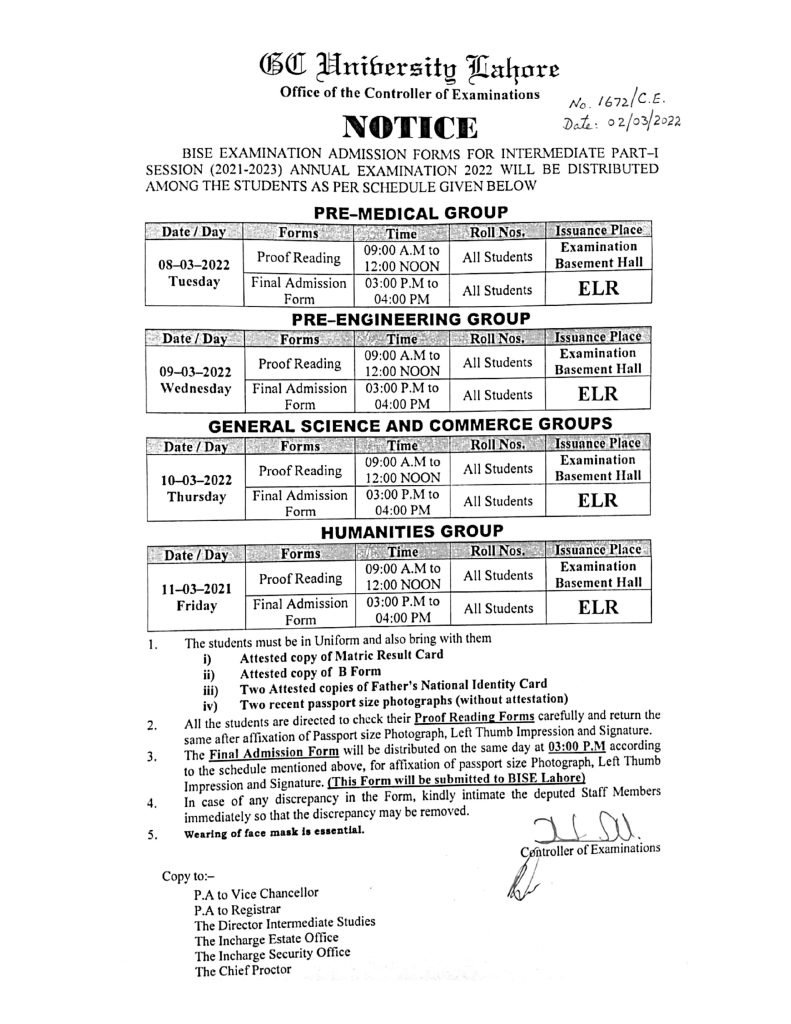 GCU Issue BISE Exam Inter (Part-I) Admission Form Schedule for Session 2021-23