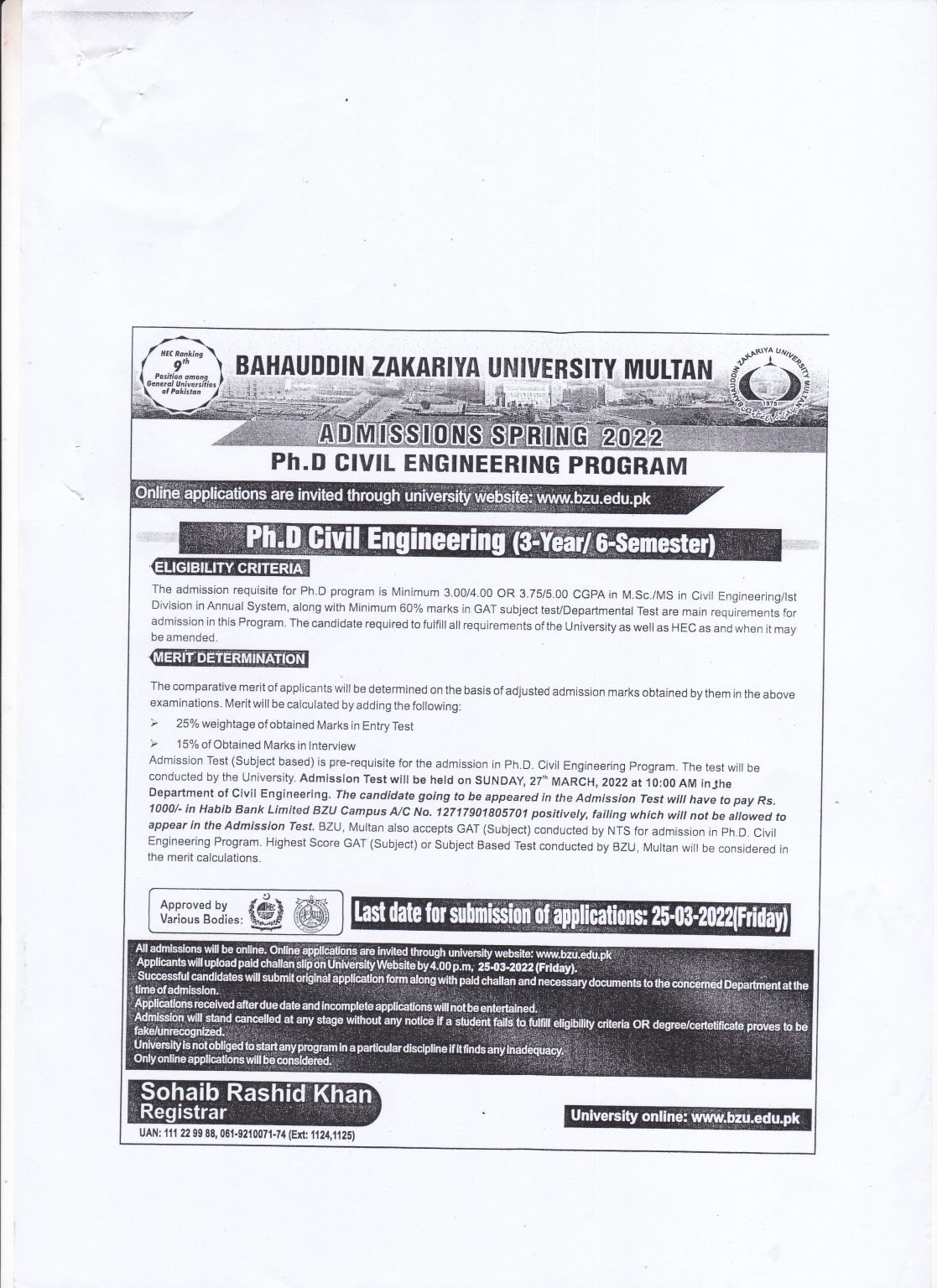 BZU Ph.D. (Civil Engineering Programs) Spring Session Admissions Open 2022 BZU Ph.D. (Civil Engineering Programs) Spring Session Admissions Open 2022