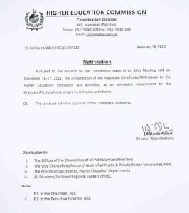 HEC Removes Requirement of Migration Certificate for Graduation Admission 