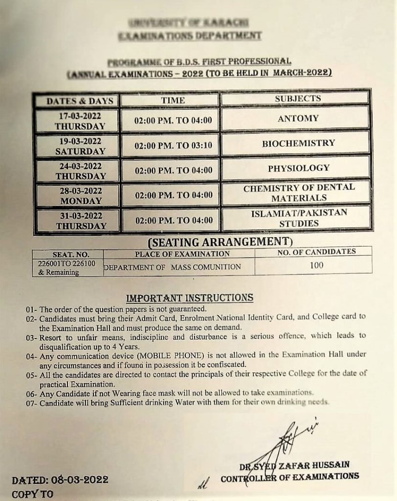Karachi University BDS 1st professional Annual Exams 2022 Date Sheet