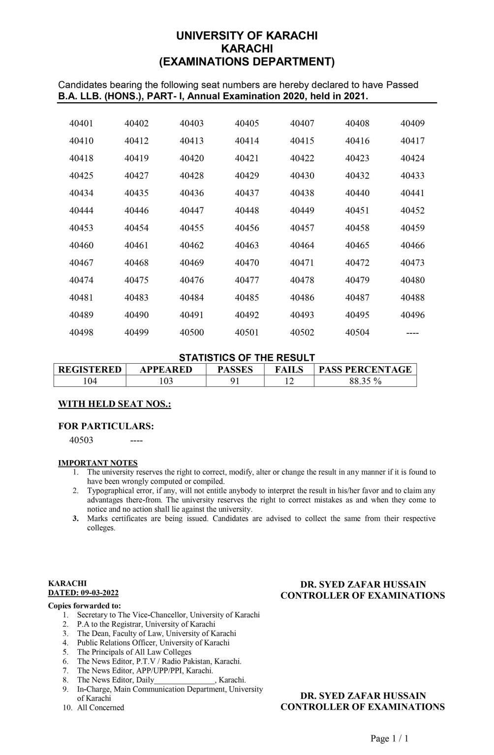Karachi University UOK BA.LLB (Hons) Part I & II Annual Exam Result 2022 Karachi University UOK BA.LLB (Hons) Part I Annual Exam Result 2022