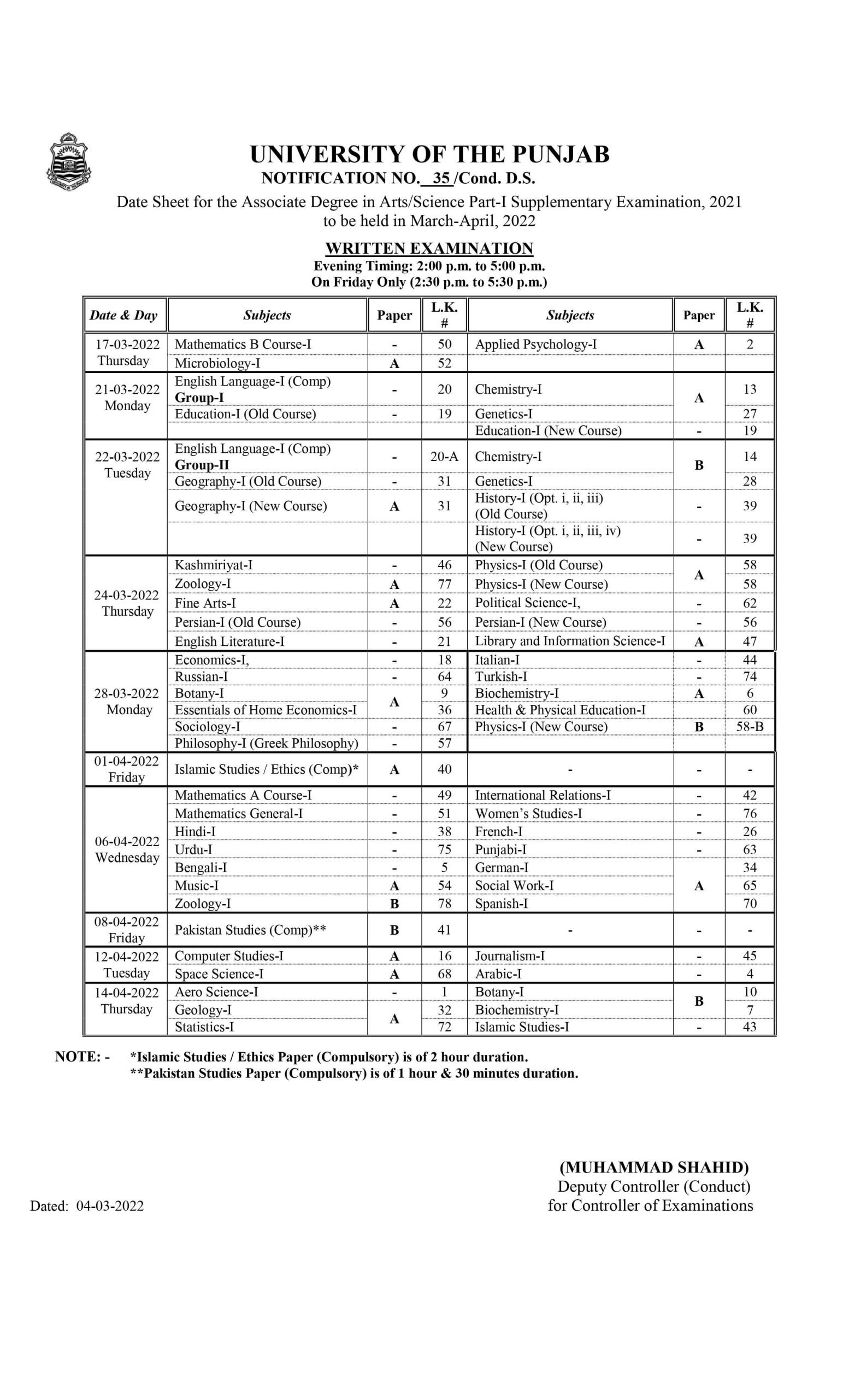 PU BA BSc Associate Degree Part I Supplementary Exam Date Sheet 2022