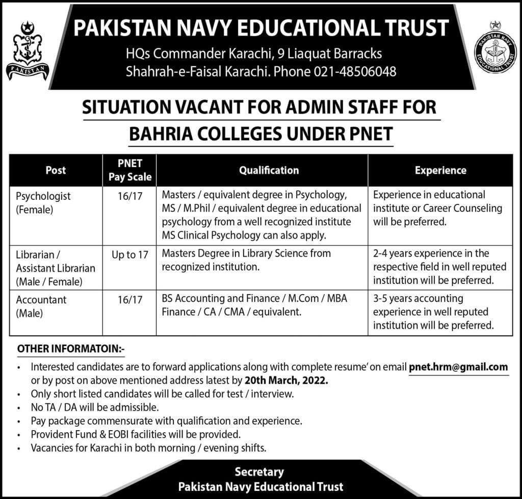Pakistan Navy Educational Trust Bahria College Jobs 2022 Pakistan Navy Educational Trust Bahria College Jobs 2022